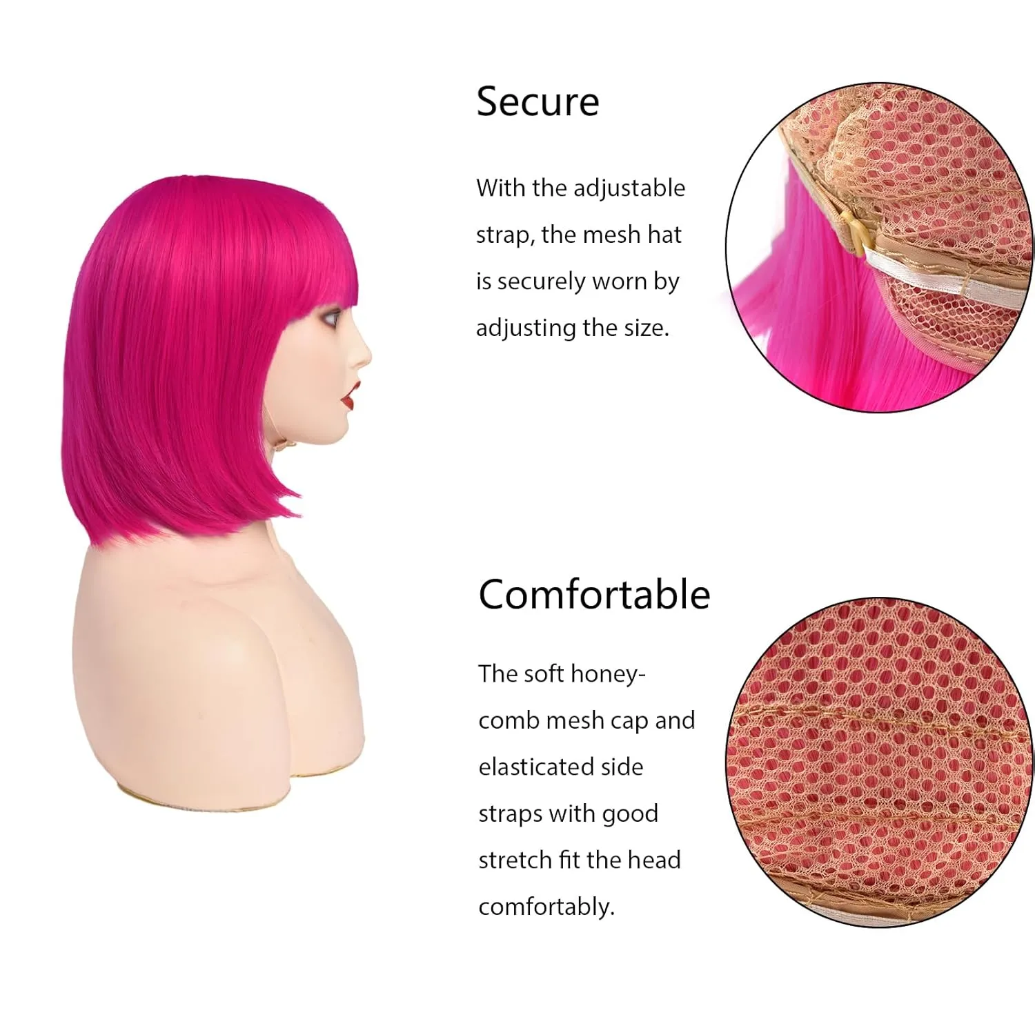 Rose bud Hot Pink Bob Wig with Fringe 12 Inch Short Straight Costume Wigs for Women Cosplay Party Halloween