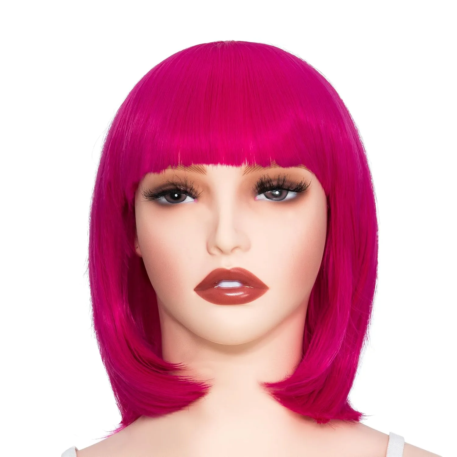 Rose bud Hot Pink Bob Wig with Fringe 12 Inch Short Straight Costume Wigs for Women Cosplay Party Halloween