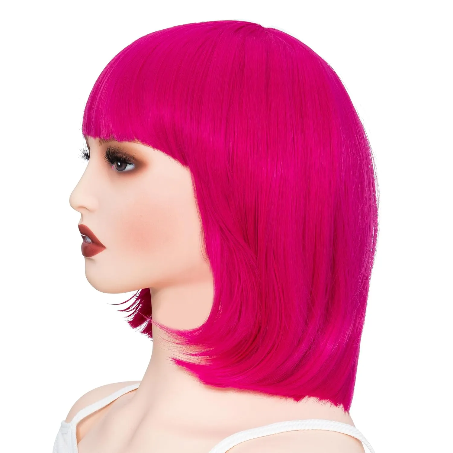Rose bud Hot Pink Bob Wig with Fringe 12 Inch Short Straight Costume Wigs for Women Cosplay Party Halloween