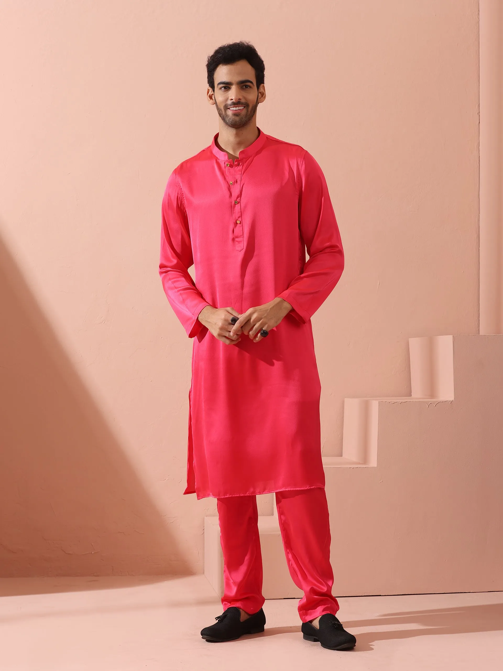 Ruby Pink Satin Kurta with Gold Buttons