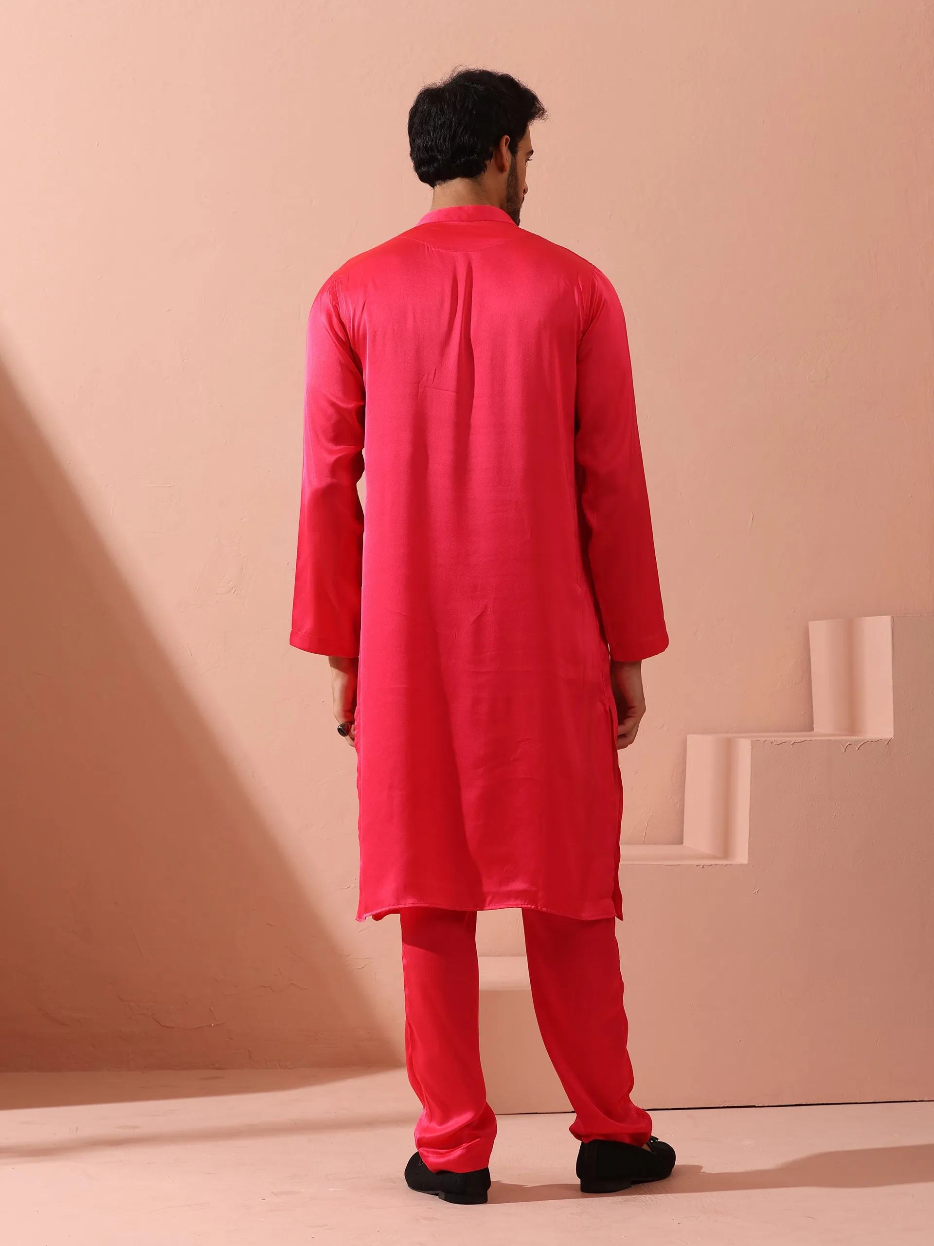 Ruby Pink Satin Kurta with Gold Buttons