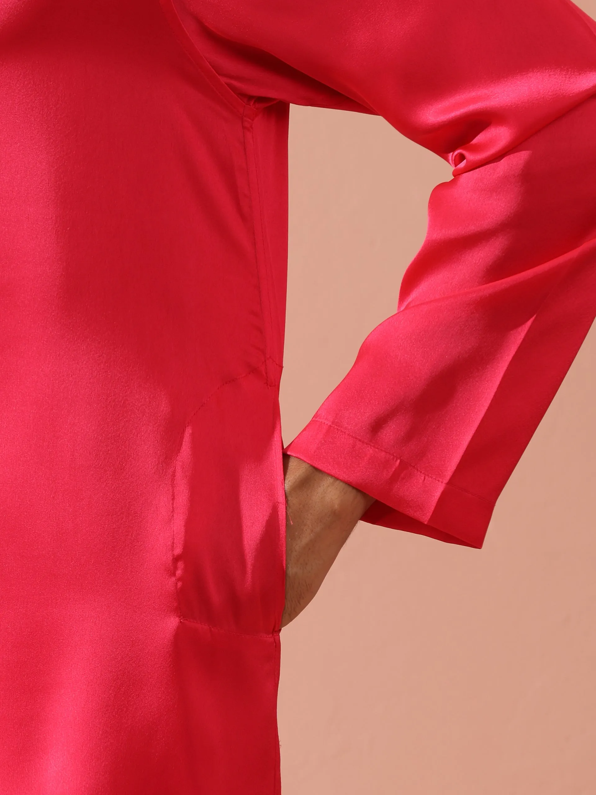 Ruby Pink Satin Kurta with Gold Buttons