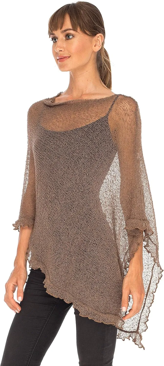 SHU-SHI Womens Sheer Poncho Shrug Lightweight Knit Ruffle Pullover Sweater Top