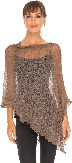 SHU-SHI Womens Sheer Poncho Shrug Lightweight Knit Ruffle Pullover Sweater Top