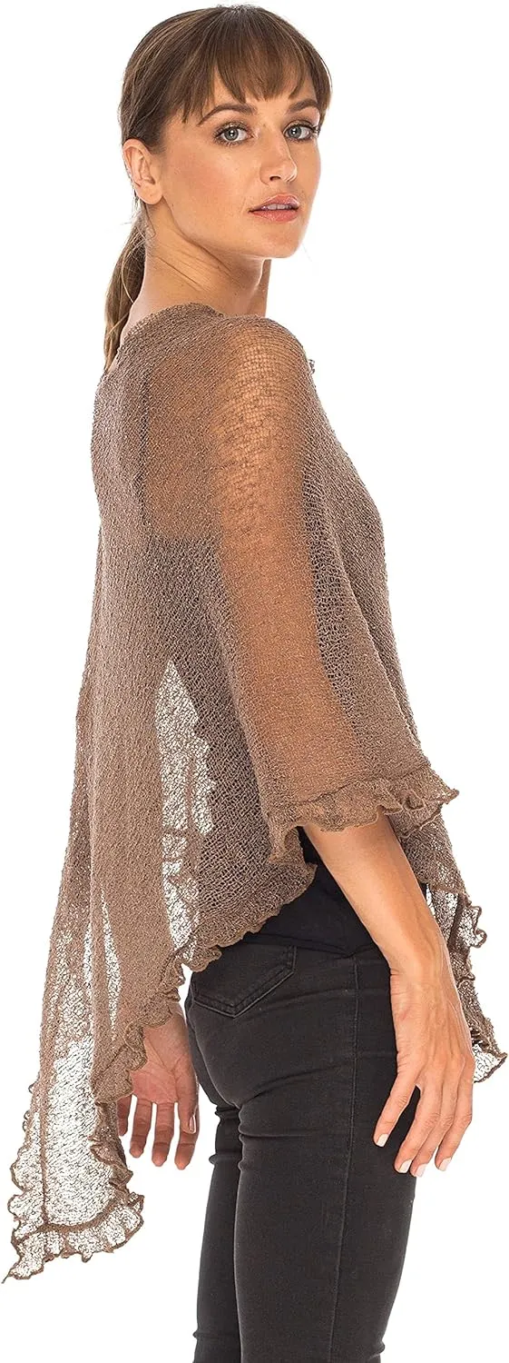 SHU-SHI Womens Sheer Poncho Shrug Lightweight Knit Ruffle Pullover Sweater Top