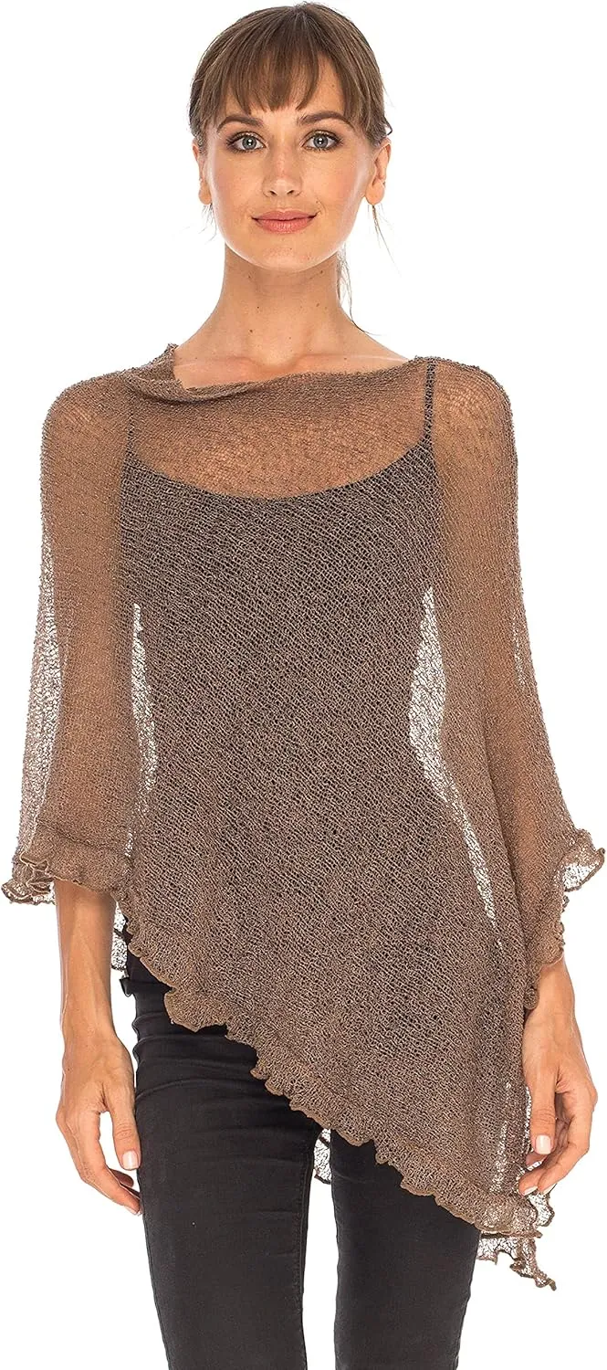 SHU-SHI Womens Sheer Poncho Shrug Lightweight Knit Ruffle Pullover Sweater Top