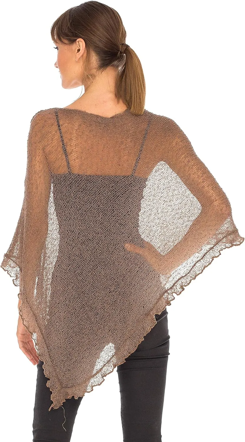 SHU-SHI Womens Sheer Poncho Shrug Lightweight Knit Ruffle Pullover Sweater Top