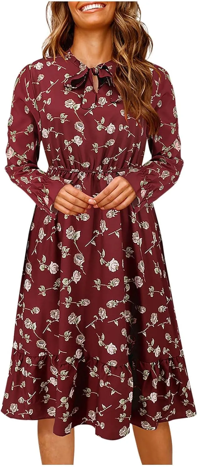 Summer Dresses for Women 2025 Trendy Bohemian Style Floral Midi Dress Long Sleeve Round-Neck Beach Casual Sundress