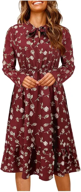 Summer Dresses for Women 2025 Trendy Bohemian Style Floral Midi Dress Long Sleeve Round-Neck Beach Casual Sundress