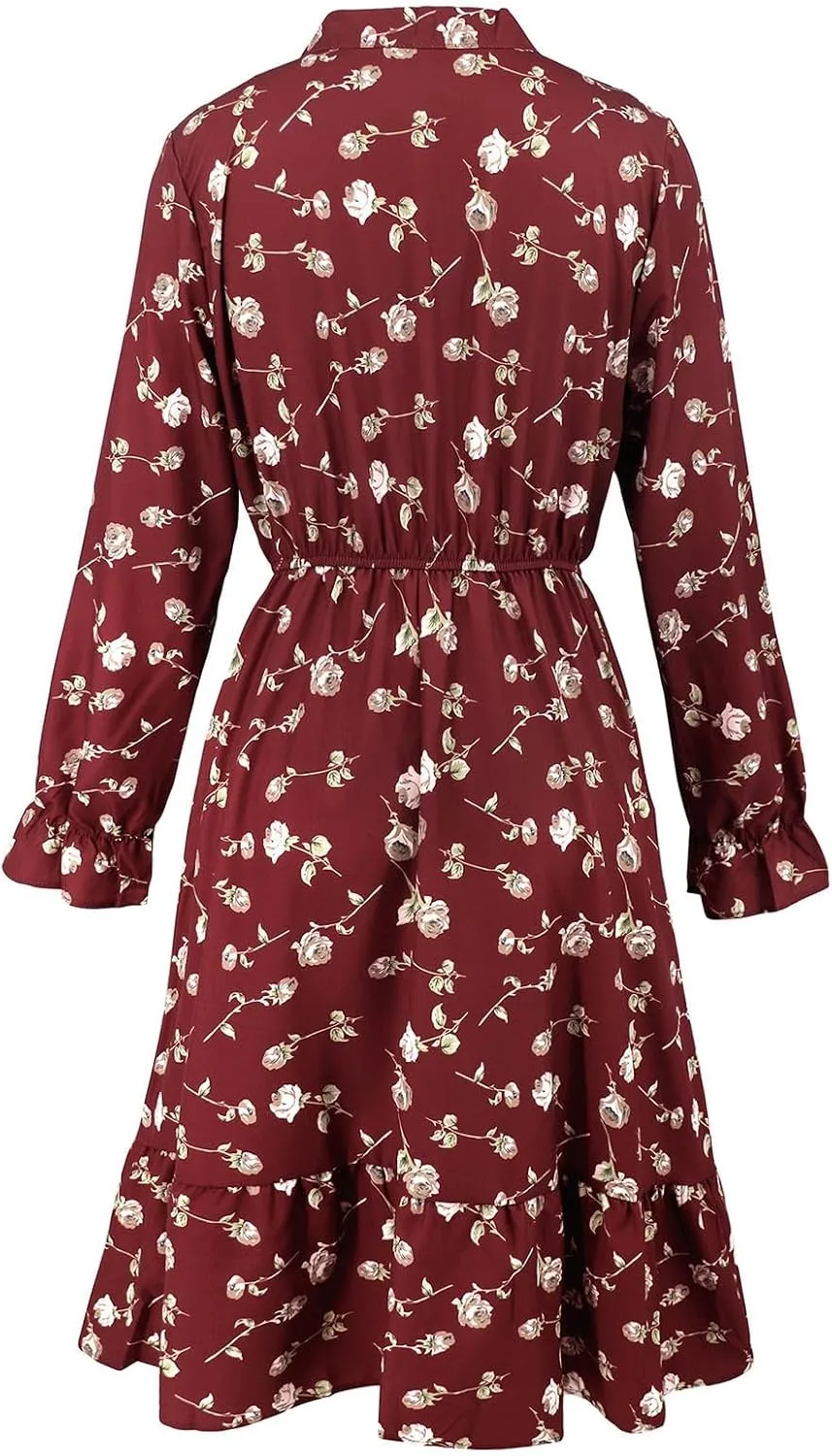 Summer Dresses for Women 2025 Trendy Bohemian Style Floral Midi Dress Long Sleeve Round-Neck Beach Casual Sundress