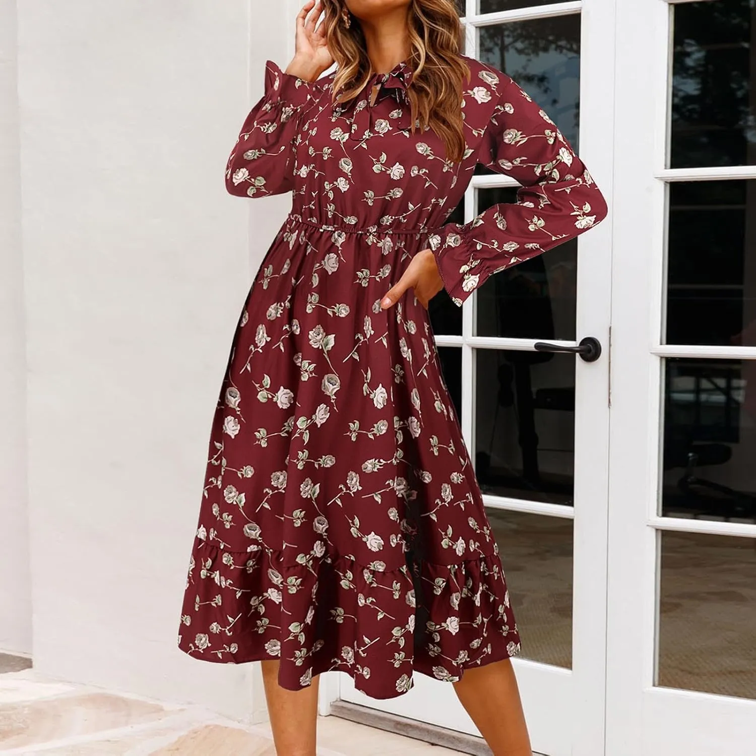 Summer Dresses for Women 2025 Trendy Bohemian Style Floral Midi Dress Long Sleeve Round-Neck Beach Casual Sundress