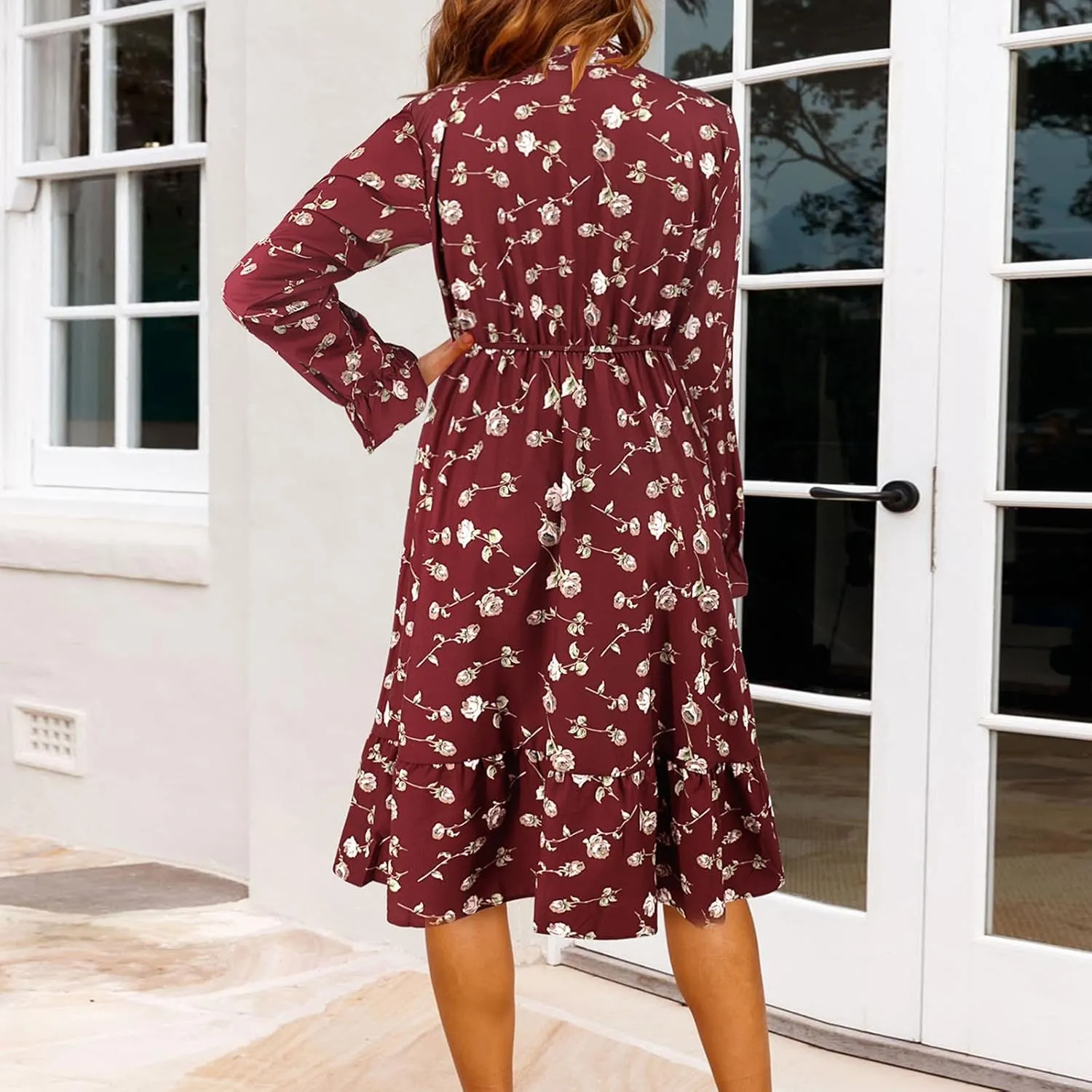 Summer Dresses for Women 2025 Trendy Bohemian Style Floral Midi Dress Long Sleeve Round-Neck Beach Casual Sundress