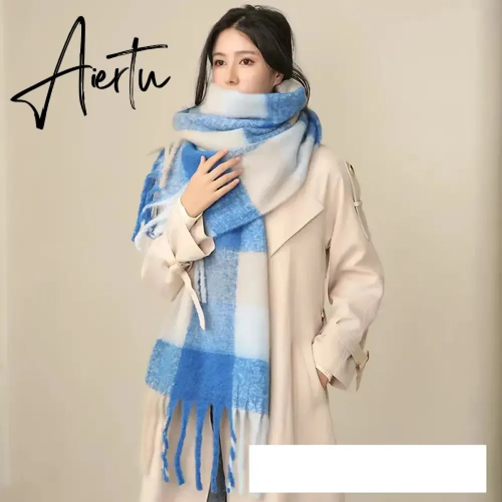 Thick Warm Winter Scarf  New Women Plaid Design Pashmina Shawls Cashmere Shawl Lady Wrap Tassel Scarves Knitted Men Foulard