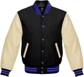 Varsity Jacket Baseball Letterman Bomber Wool & Light Cream Genuine leather Sleeves With Blue Stripe