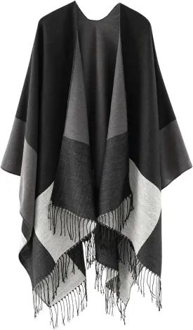 Verdusa Women's Fringe Shawls Wraps Winter Open Front Poncho Cape Oversized Cardigan Sweater