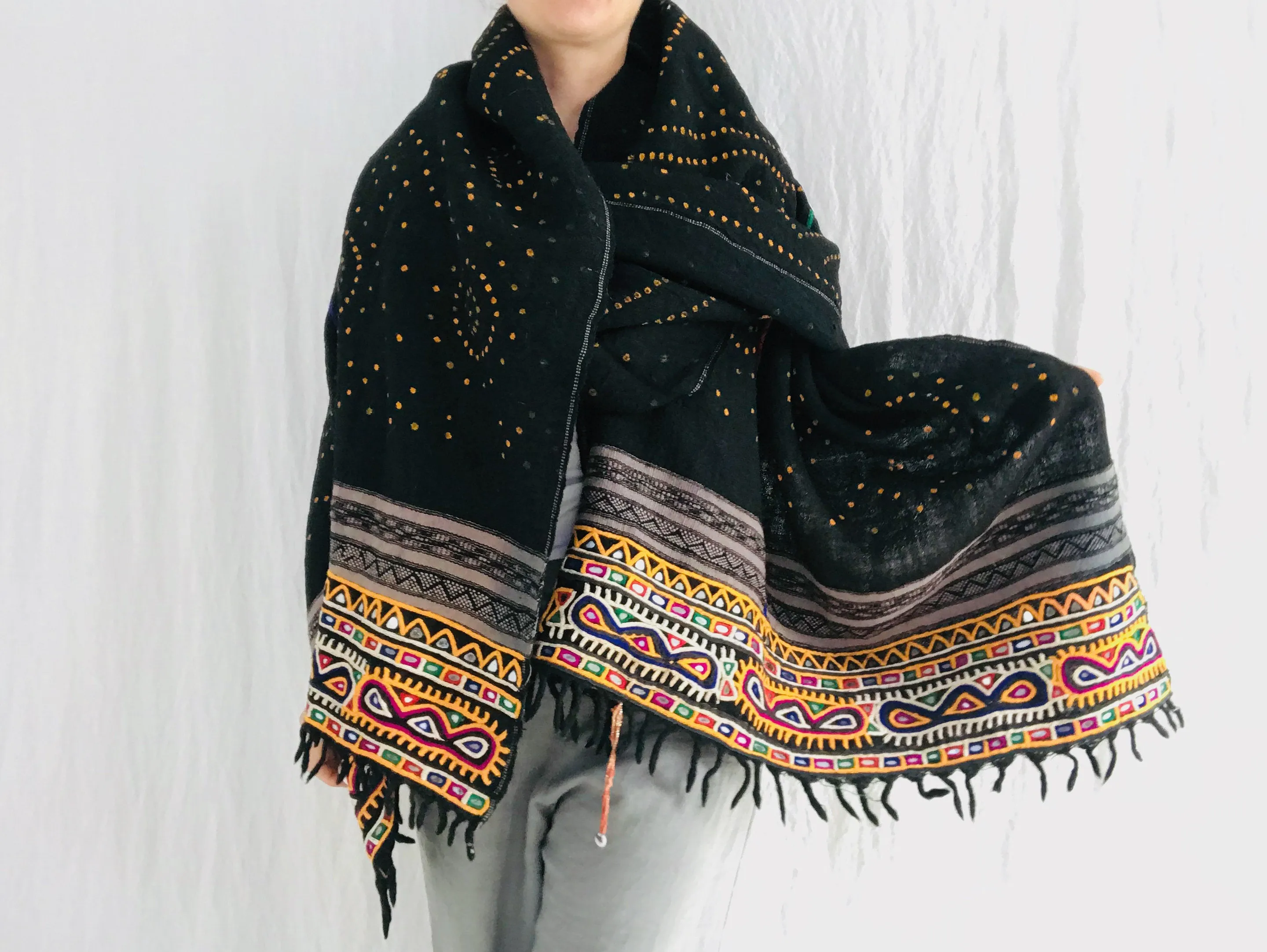 Vintage Rabari Wool Shawl And Throw. Embroidered, Mirrorwork