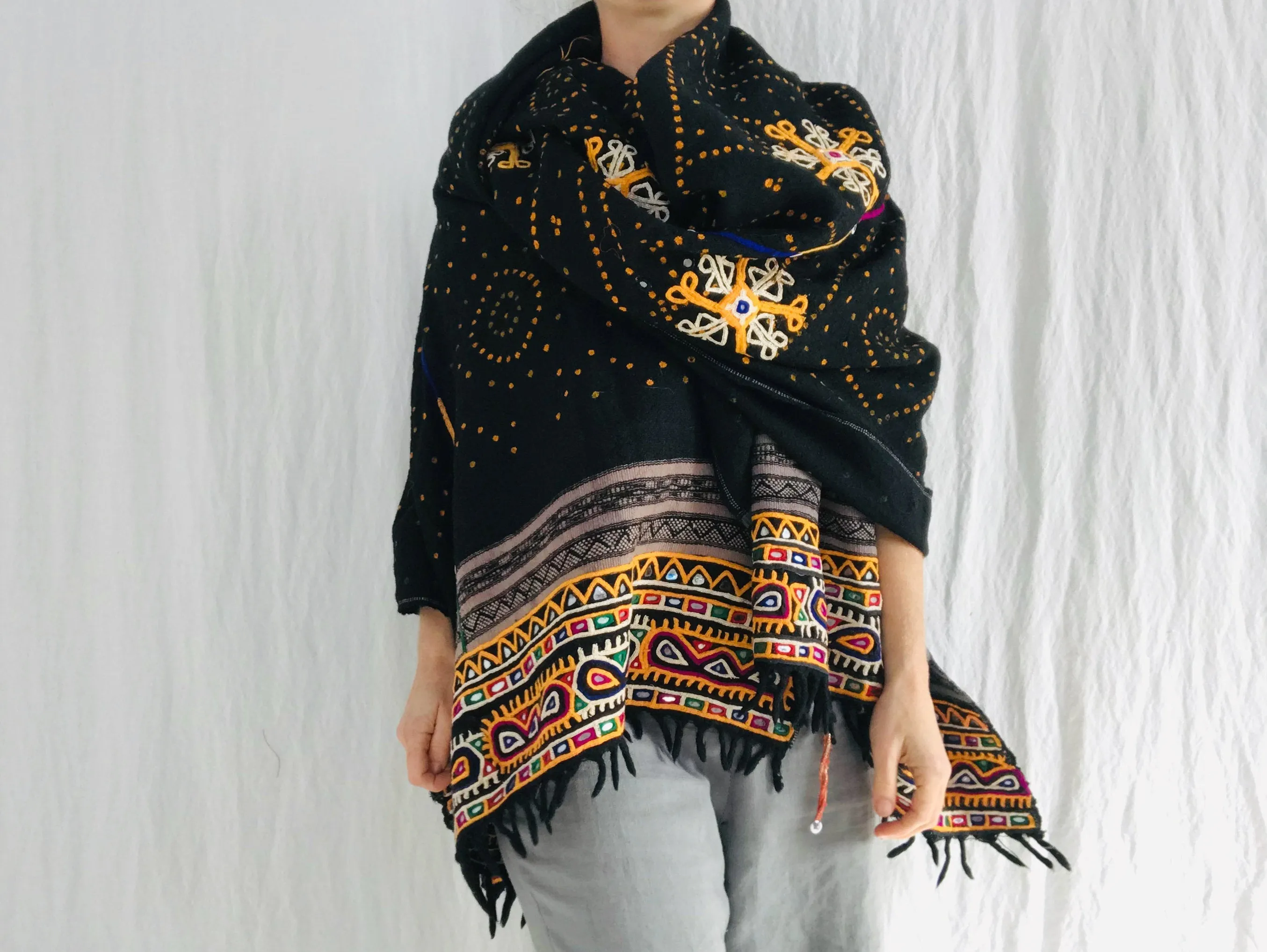Vintage Rabari Wool Shawl And Throw. Embroidered, Mirrorwork