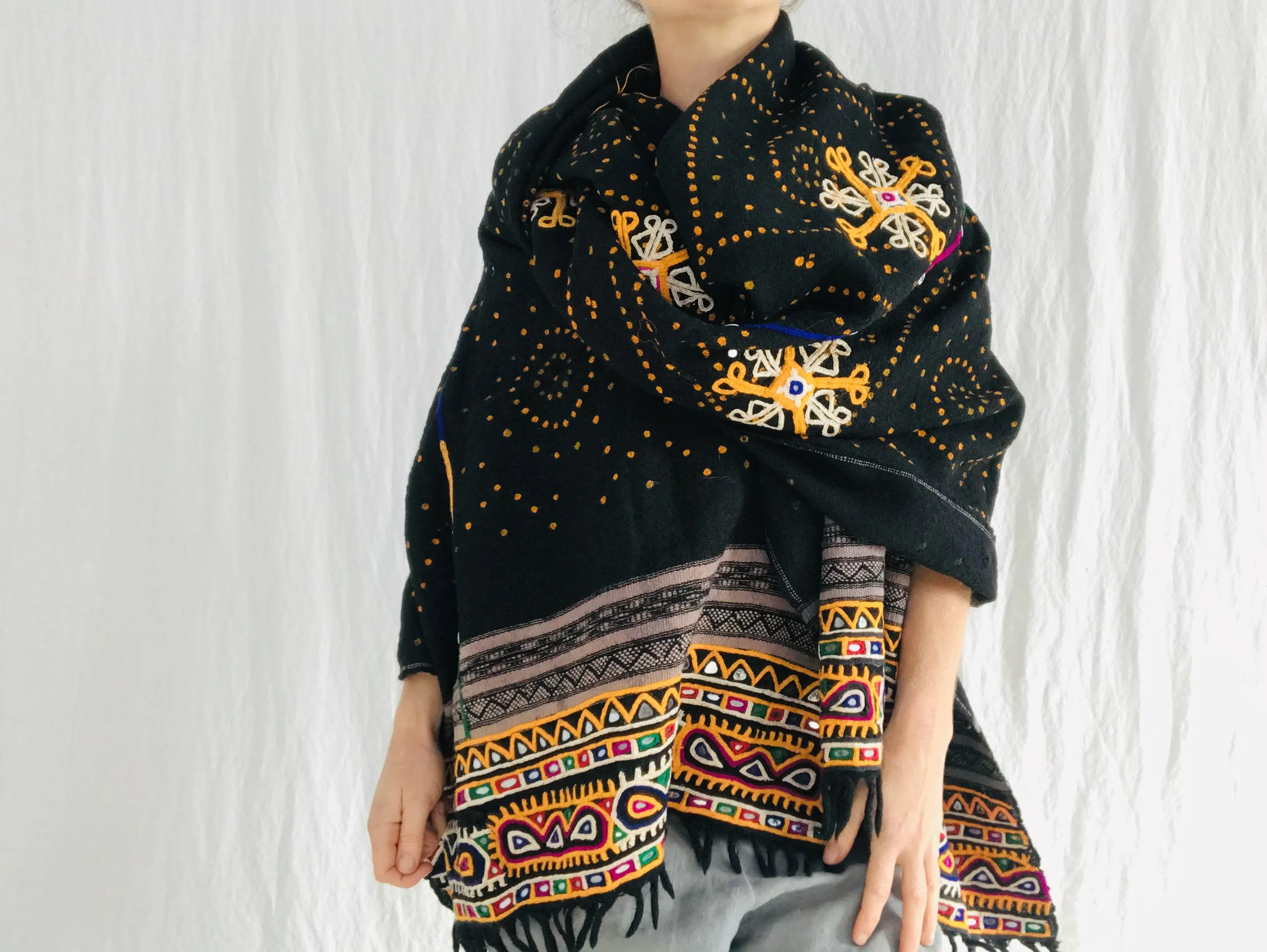 Vintage Rabari Wool Shawl And Throw. Embroidered, Mirrorwork