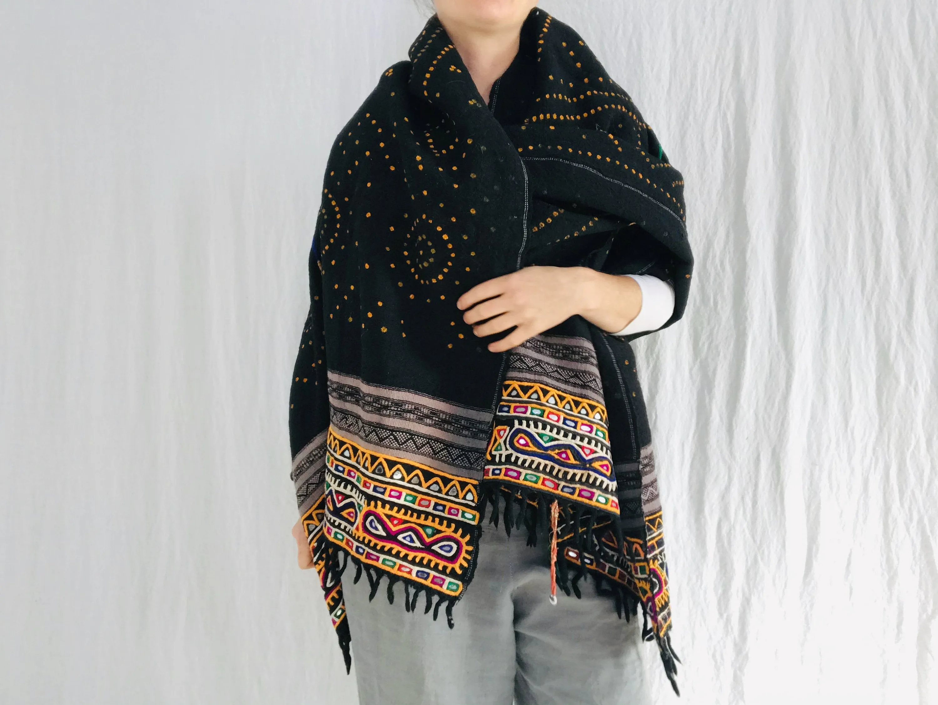 Vintage Rabari Wool Shawl And Throw. Embroidered, Mirrorwork