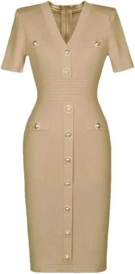 Vsadsau Women's Knitted Dress Stretch Short Sleeve V-Neck Solid Color Buttons Slim Midi Dresses