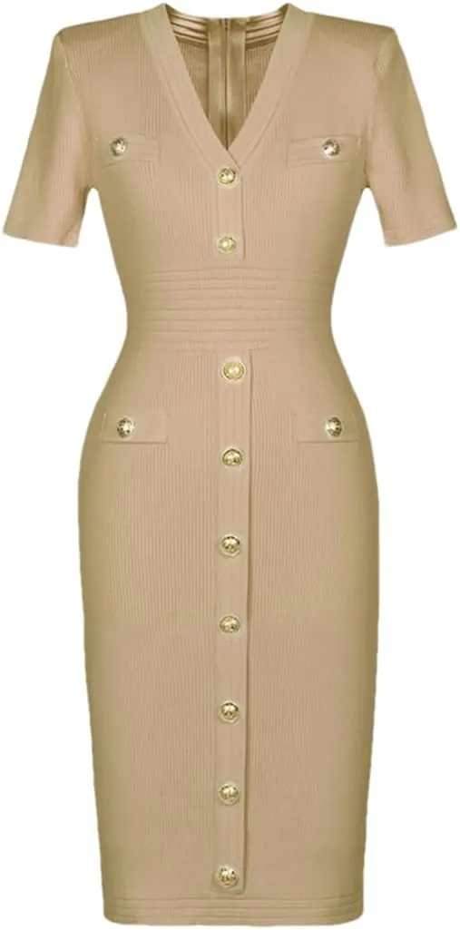 Vsadsau Women's Knitted Dress Stretch Short Sleeve V-Neck Solid Color Buttons Slim Midi Dresses