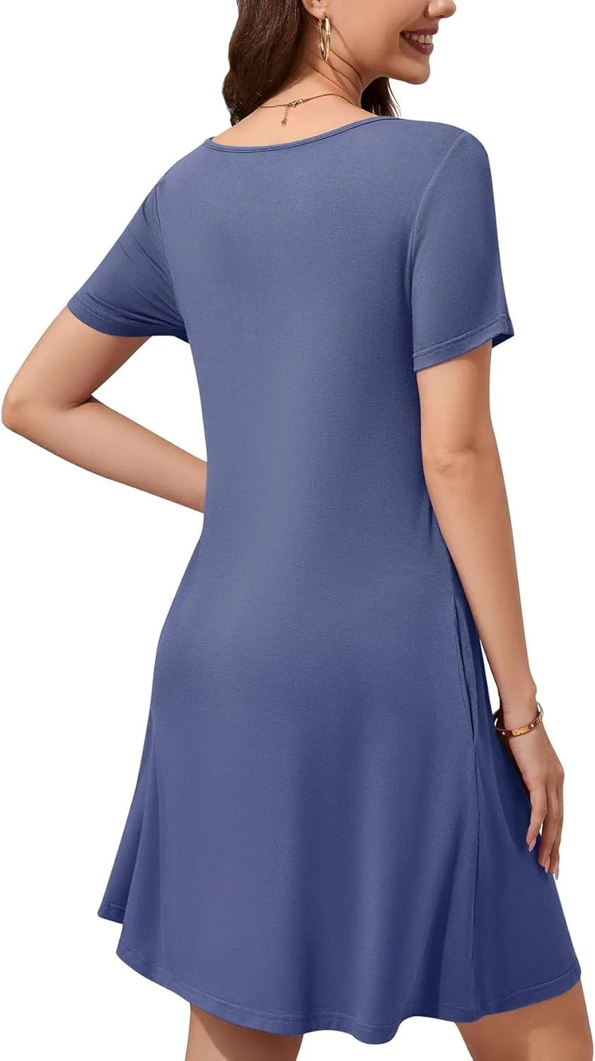 WEACZZY Summer Dresses for Women 2025 V-Neck Casual T Shirt Dress Loose Short Sleeve Flowy Dresses with Pockets
