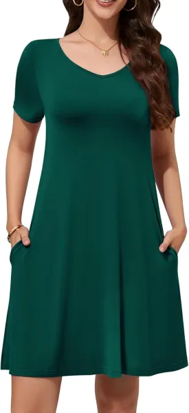 WEACZZY Summer Dresses for Women 2025 V-Neck Casual T Shirt Dress Loose Short Sleeve Flowy Dresses with Pockets