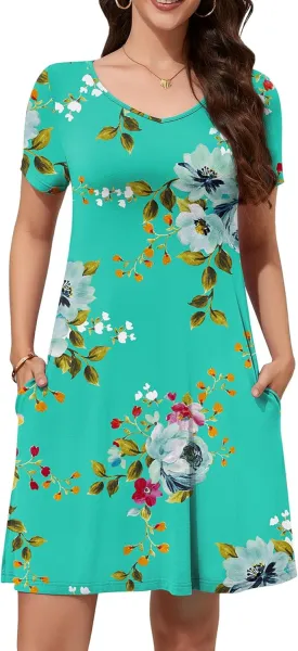 WEACZZY Summer Dresses for Women 2025 V-Neck Casual T Shirt Dress Loose Short Sleeve Flowy Dresses with Pockets