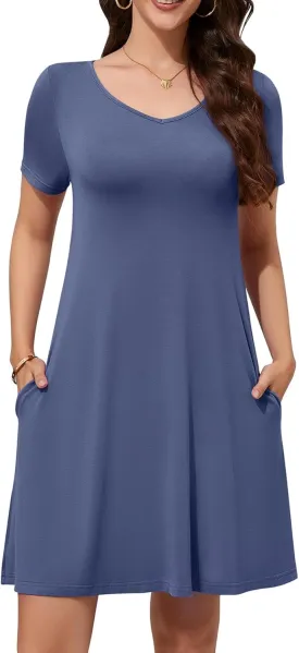 WEACZZY Summer Dresses for Women 2025 V-Neck Casual T Shirt Dress Loose Short Sleeve Flowy Dresses with Pockets