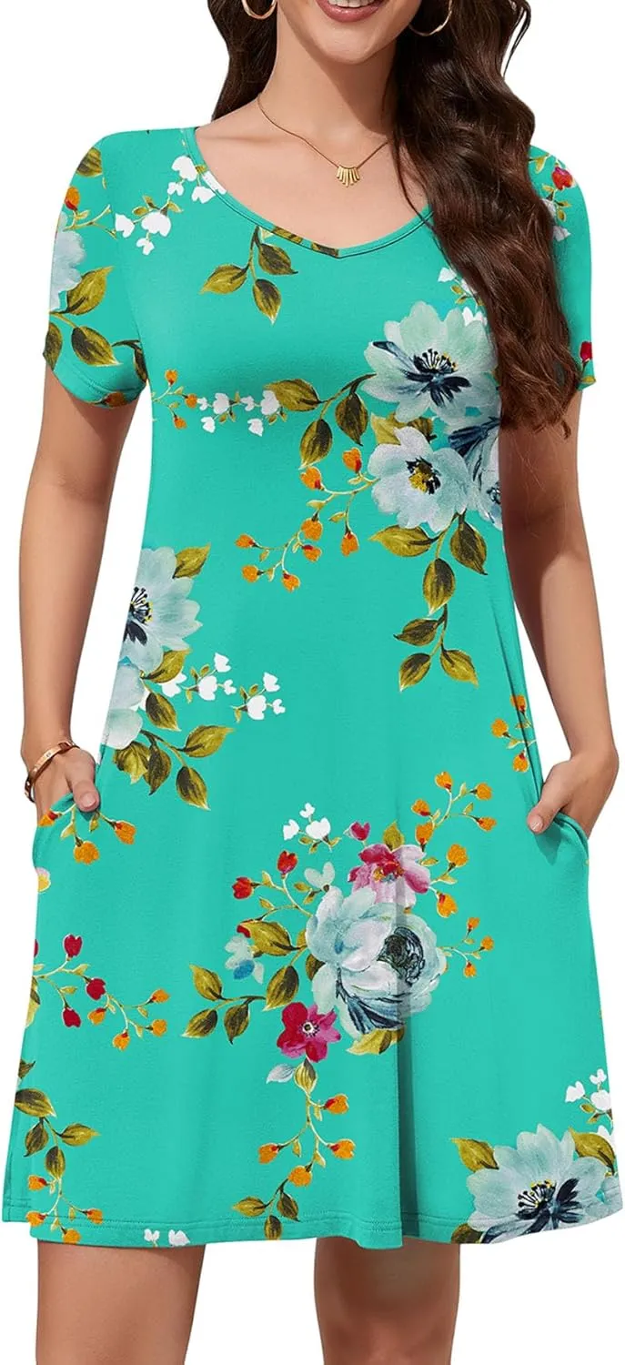 WEACZZY Summer Dresses for Women 2025 V-Neck Casual T Shirt Dress Loose Short Sleeve Flowy Dresses with Pockets