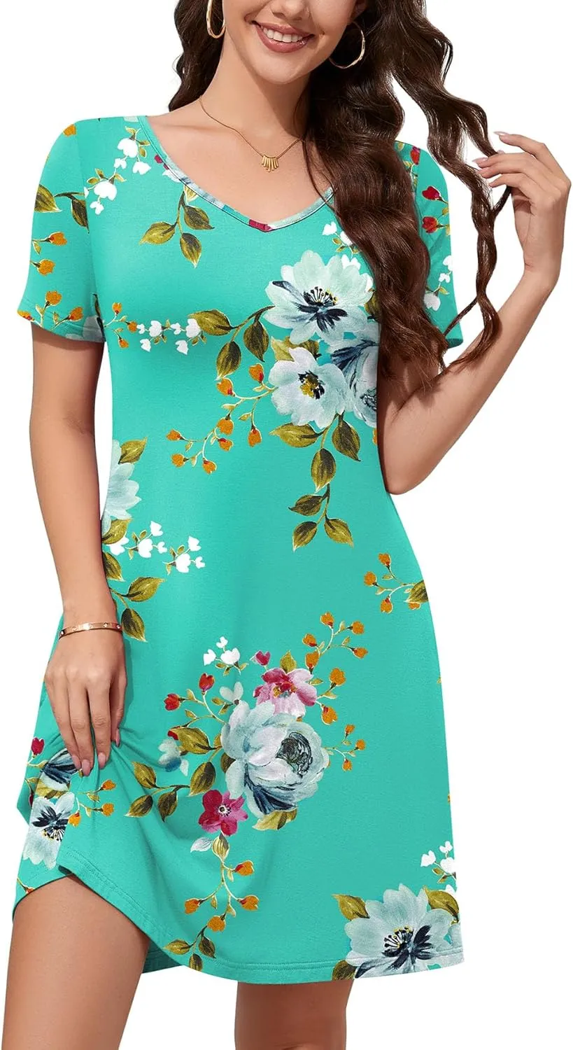 WEACZZY Summer Dresses for Women 2025 V-Neck Casual T Shirt Dress Loose Short Sleeve Flowy Dresses with Pockets