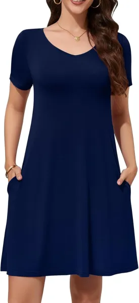 WEACZZY Summer Dresses for Women 2025 V-Neck Casual T Shirt Dress Loose Short Sleeve Flowy Dresses with Pockets