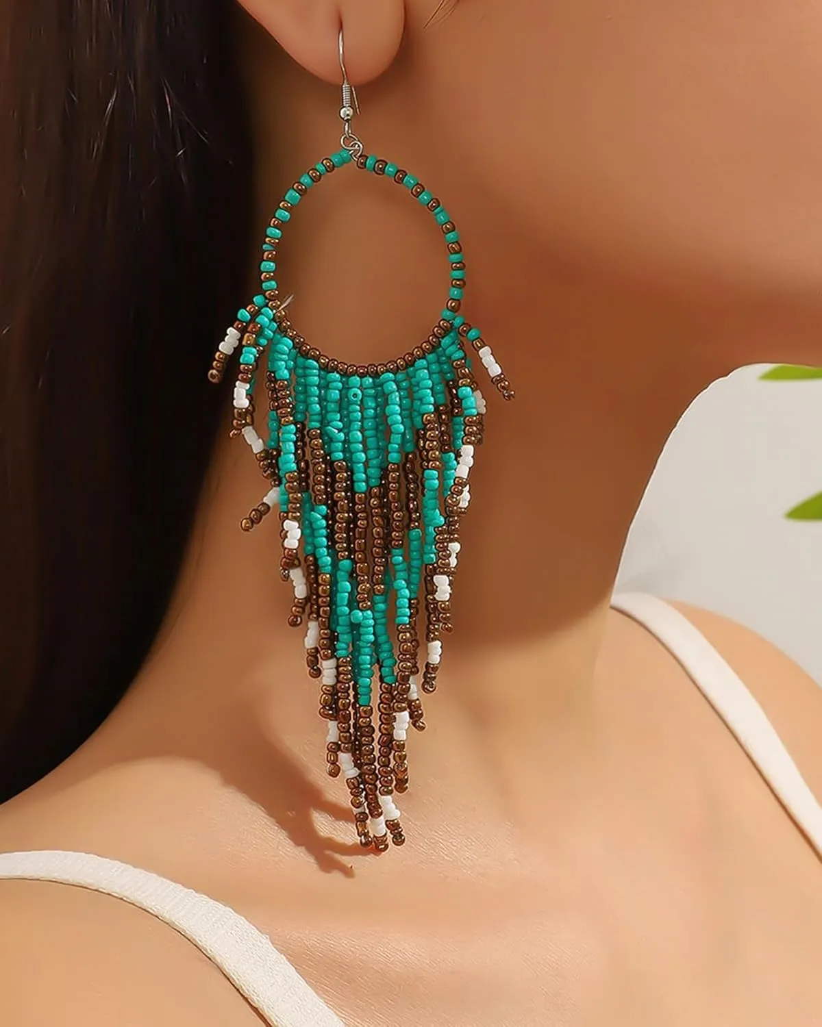 Western Boho Earrings for Women Dangling Boho Hoop Tassel Beads Earrings Statement Western Turquoise Earrings Bohemia Dangle Drop Earrings Western Jewelry Outfit Accessories