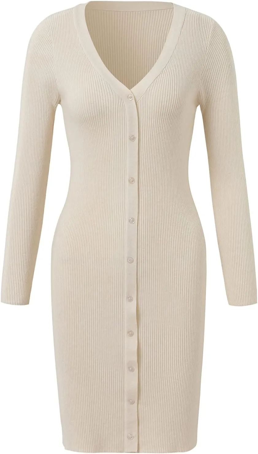 Women V-Neck Long Sleeve Slim Fall Sweater Knitted Midi Dress