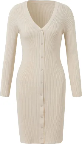 Women V-Neck Long Sleeve Slim Fall Sweater Knitted Midi Dress