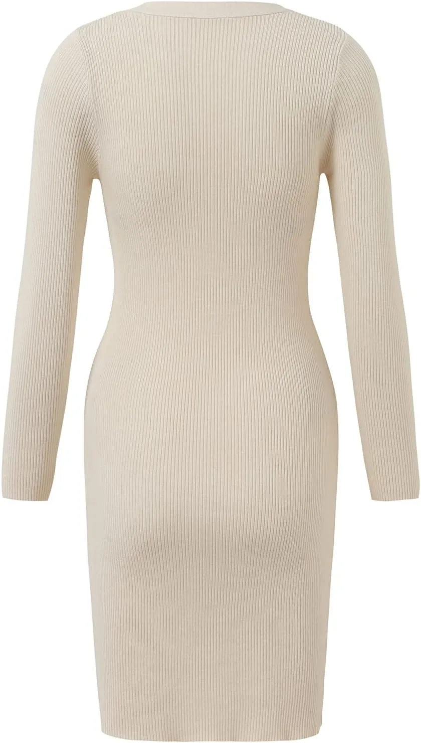 Women V-Neck Long Sleeve Slim Fall Sweater Knitted Midi Dress