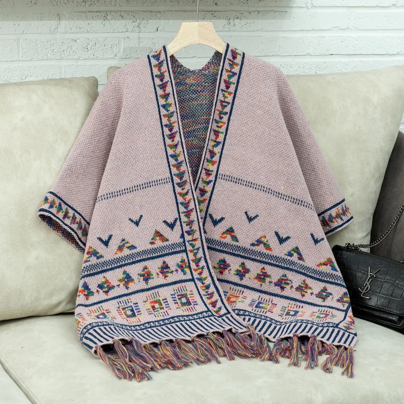 Women's Boho Open Front Poncho Casual Loose Knitted Shawl Wraps Cape Tassel Aztec Cardigan Sweater for Fall Winter