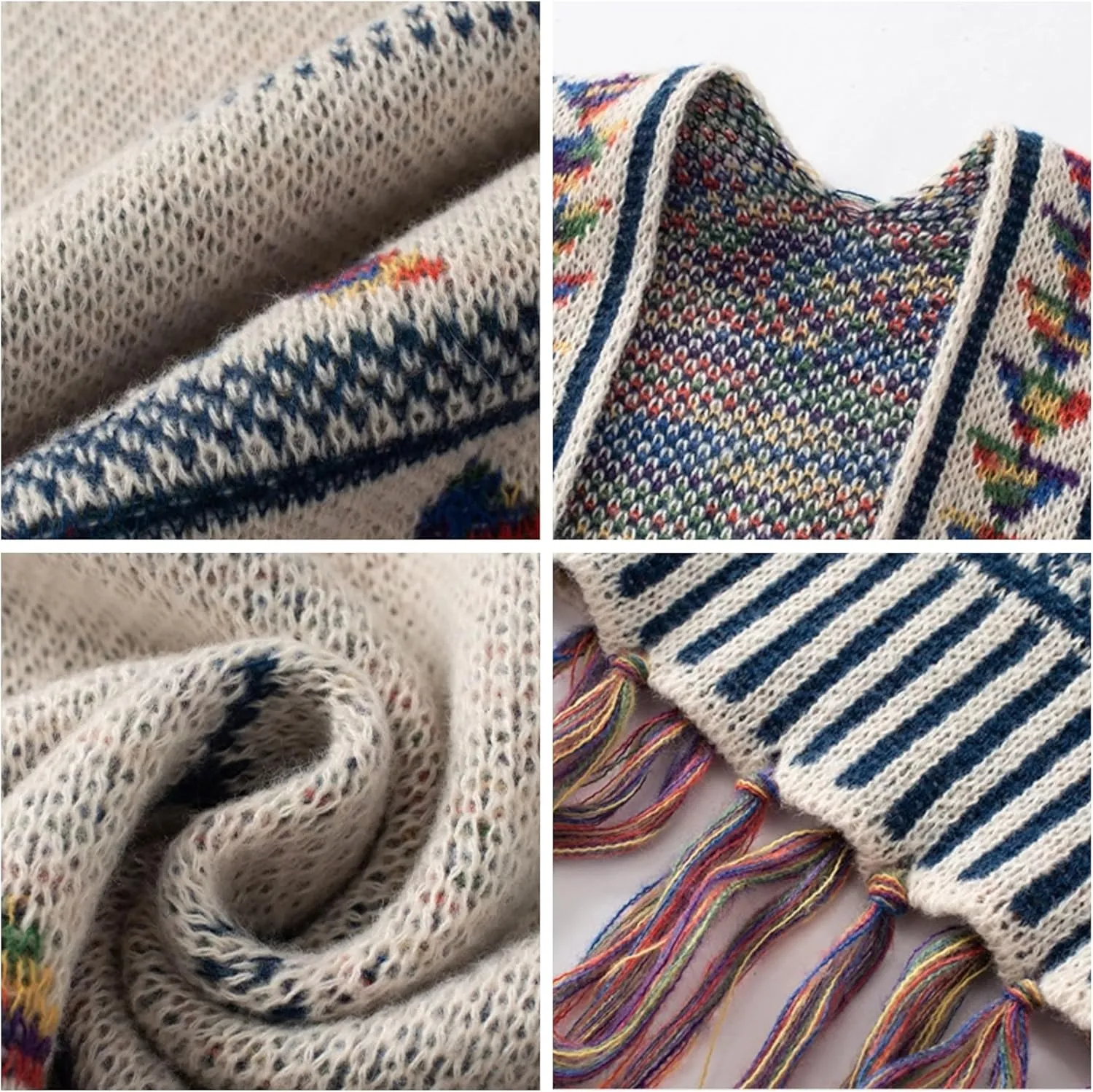 Women's Boho Open Front Poncho Casual Loose Knitted Shawl Wraps Cape Tassel Aztec Cardigan Sweater for Fall Winter