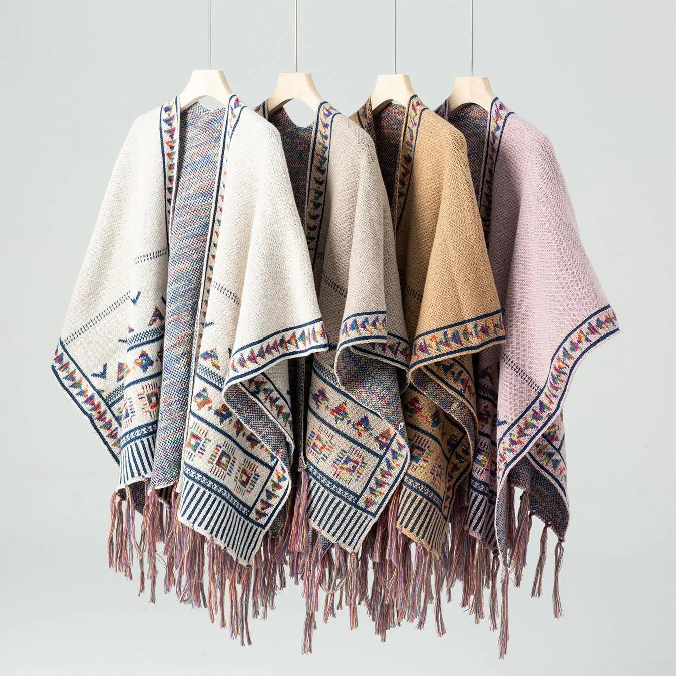 Women's Boho Open Front Poncho Casual Loose Knitted Shawl Wraps Cape Tassel Aztec Cardigan Sweater for Fall Winter