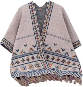 Women's Boho Open Front Poncho Casual Loose Knitted Shawl Wraps Cape Tassel Aztec Cardigan Sweater for Fall Winter