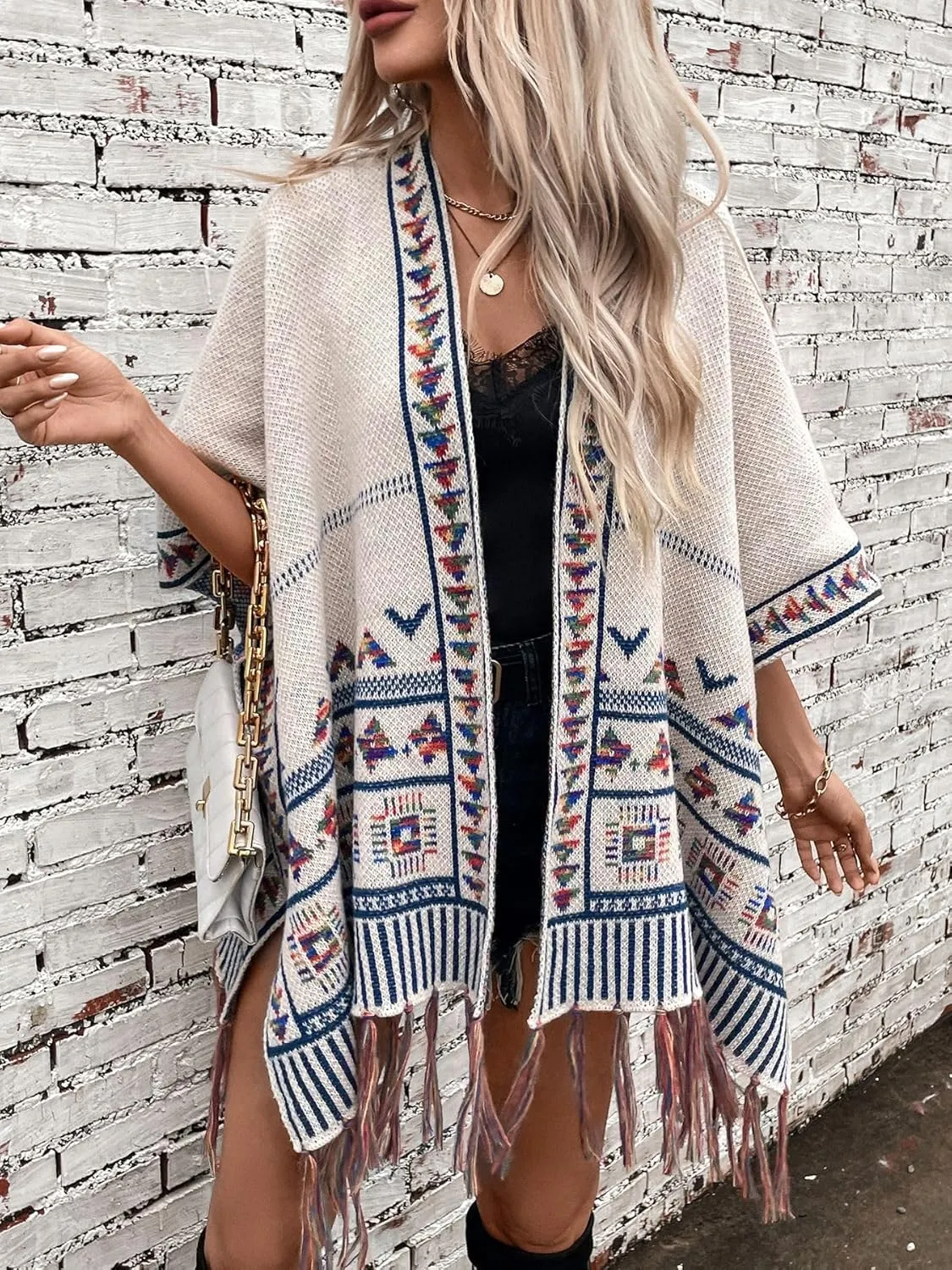 Women's Boho Open Front Poncho Casual Loose Knitted Shawl Wraps Cape Tassel Aztec Cardigan Sweater for Fall Winter