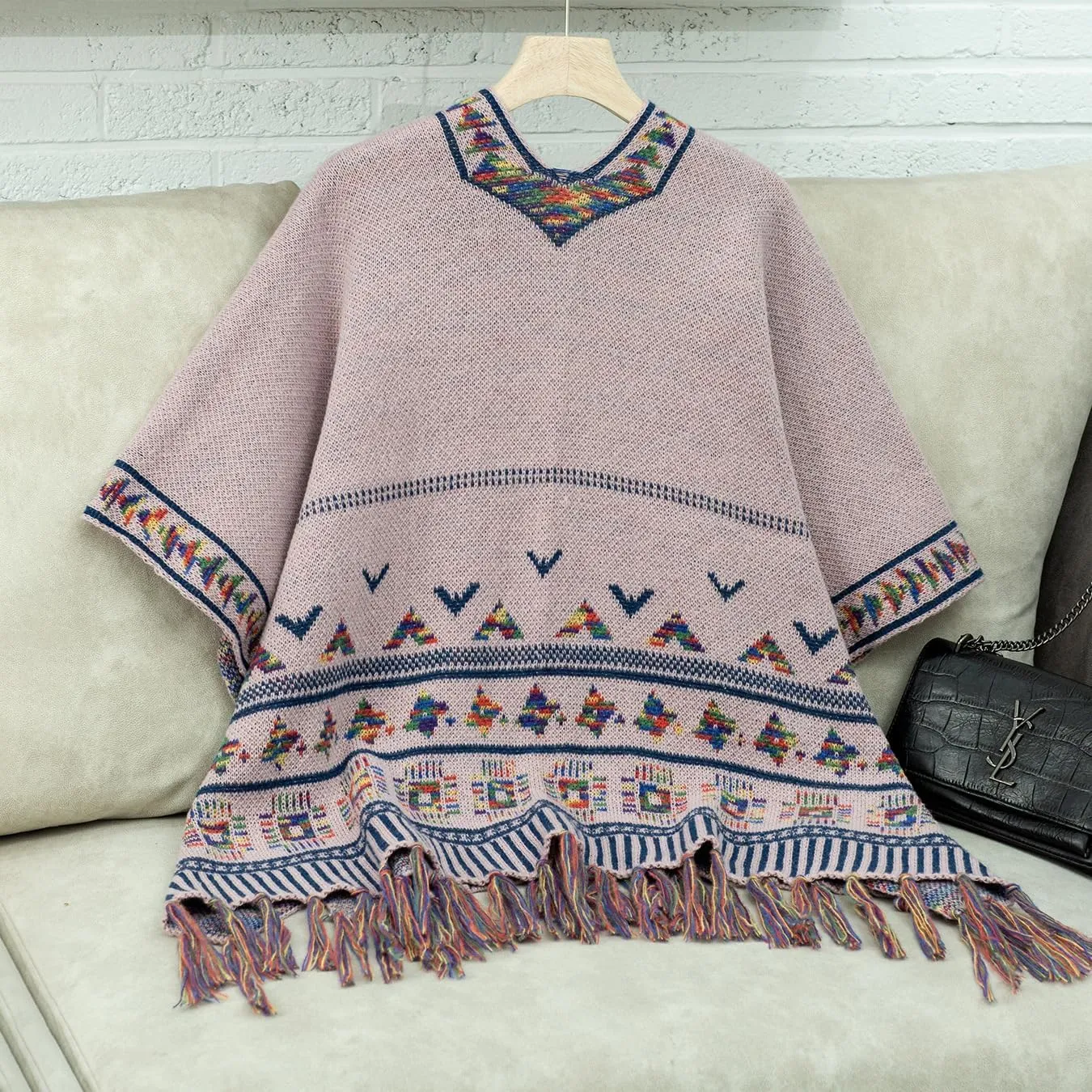 Women's Boho Open Front Poncho Casual Loose Knitted Shawl Wraps Cape Tassel Aztec Cardigan Sweater for Fall Winter