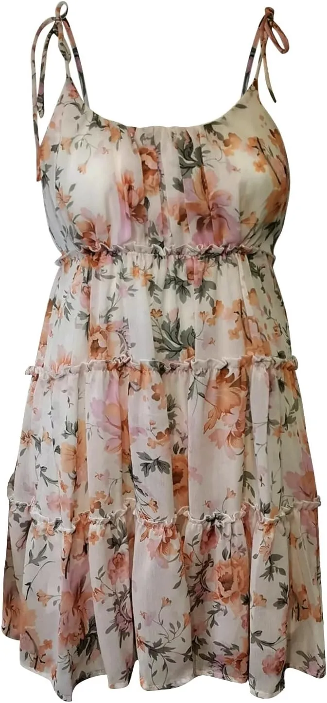 Womens Floral Dresses Summer Backless Spaghetti Strap Dress Sexy Sleeveless Mini Dresses Tiered Ruffle Flowy Dress