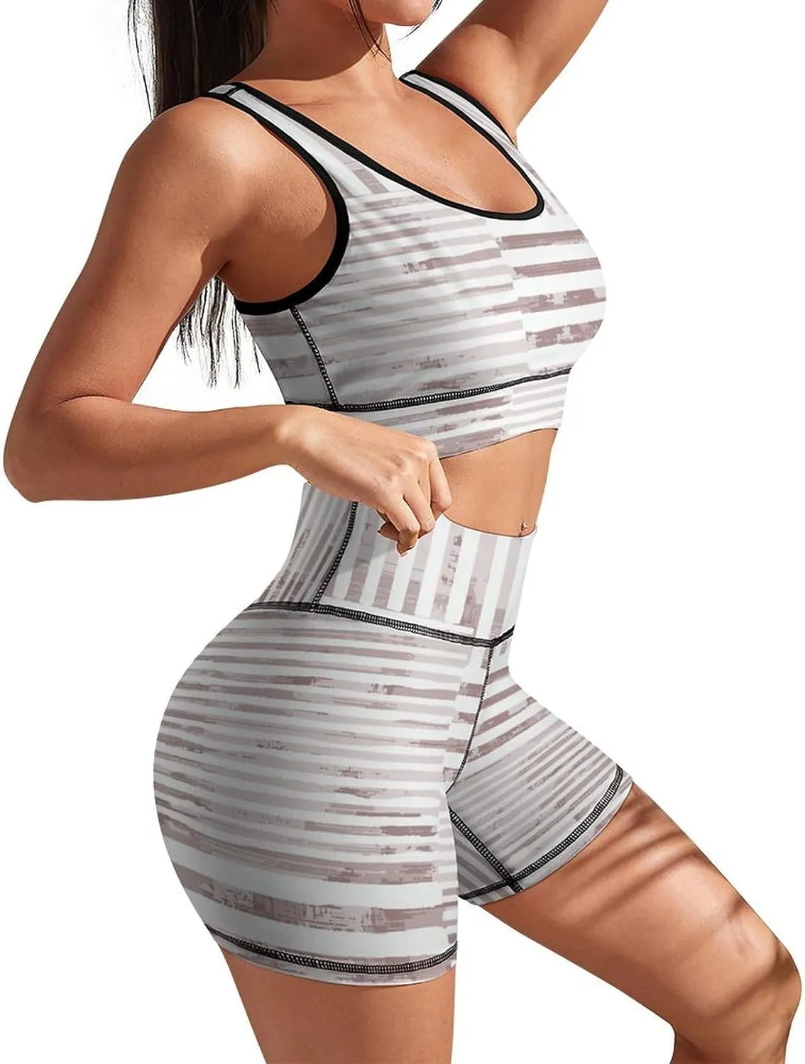 Women's Modern Geometric Brush Workout Sets 2 Piece Gym Sets High Waisted Yoga Shorts with Sports Bra