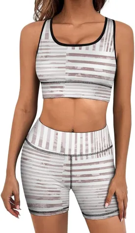 Women's Modern Geometric Brush Workout Sets 2 Piece Gym Sets High Waisted Yoga Shorts with Sports Bra