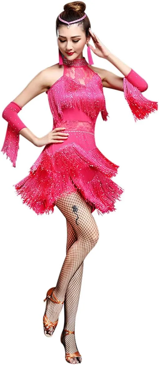 ZX Women's Dance Dress Rhinestone Sequin Fringe Flapper Party Dress Latin Salsa Ballroom Dancing 4 Pieces Outfits