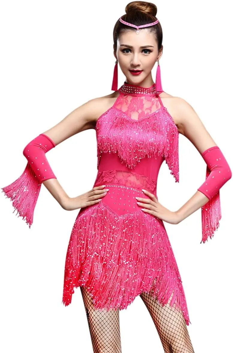 ZX Women's Dance Dress Rhinestone Sequin Fringe Flapper Party Dress Latin Salsa Ballroom Dancing 4 Pieces Outfits