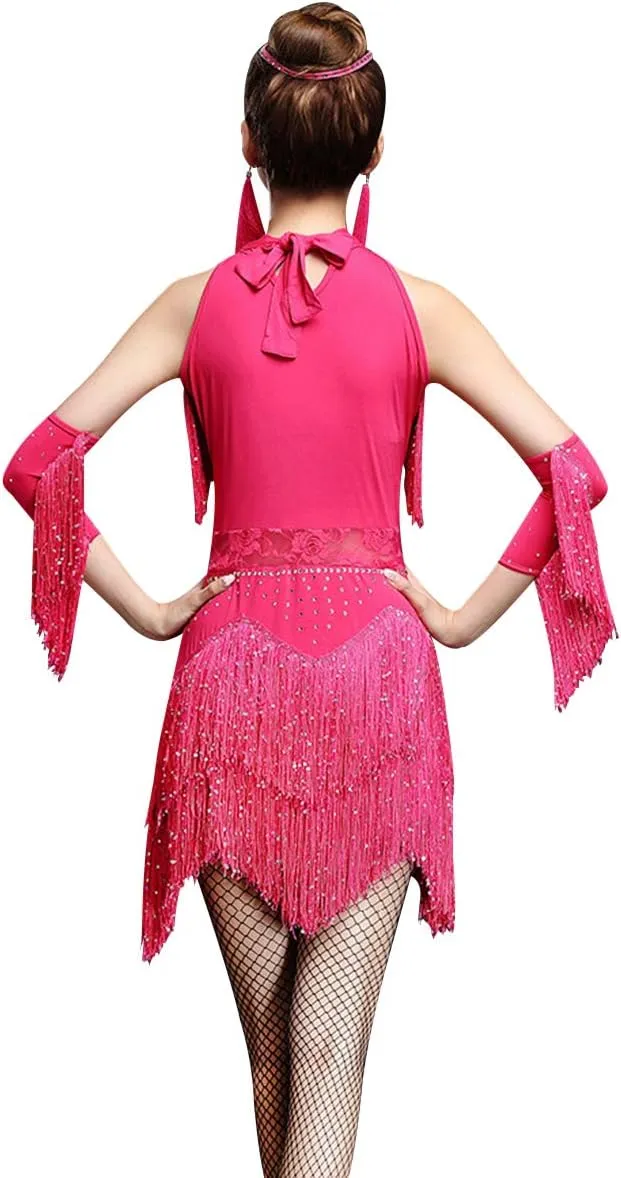 ZX Women's Dance Dress Rhinestone Sequin Fringe Flapper Party Dress Latin Salsa Ballroom Dancing 4 Pieces Outfits